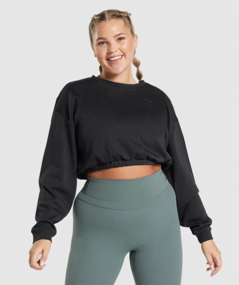 Women's Gymshark Whitney Cropped Sweatshirts Black | NZ 9QLFCN